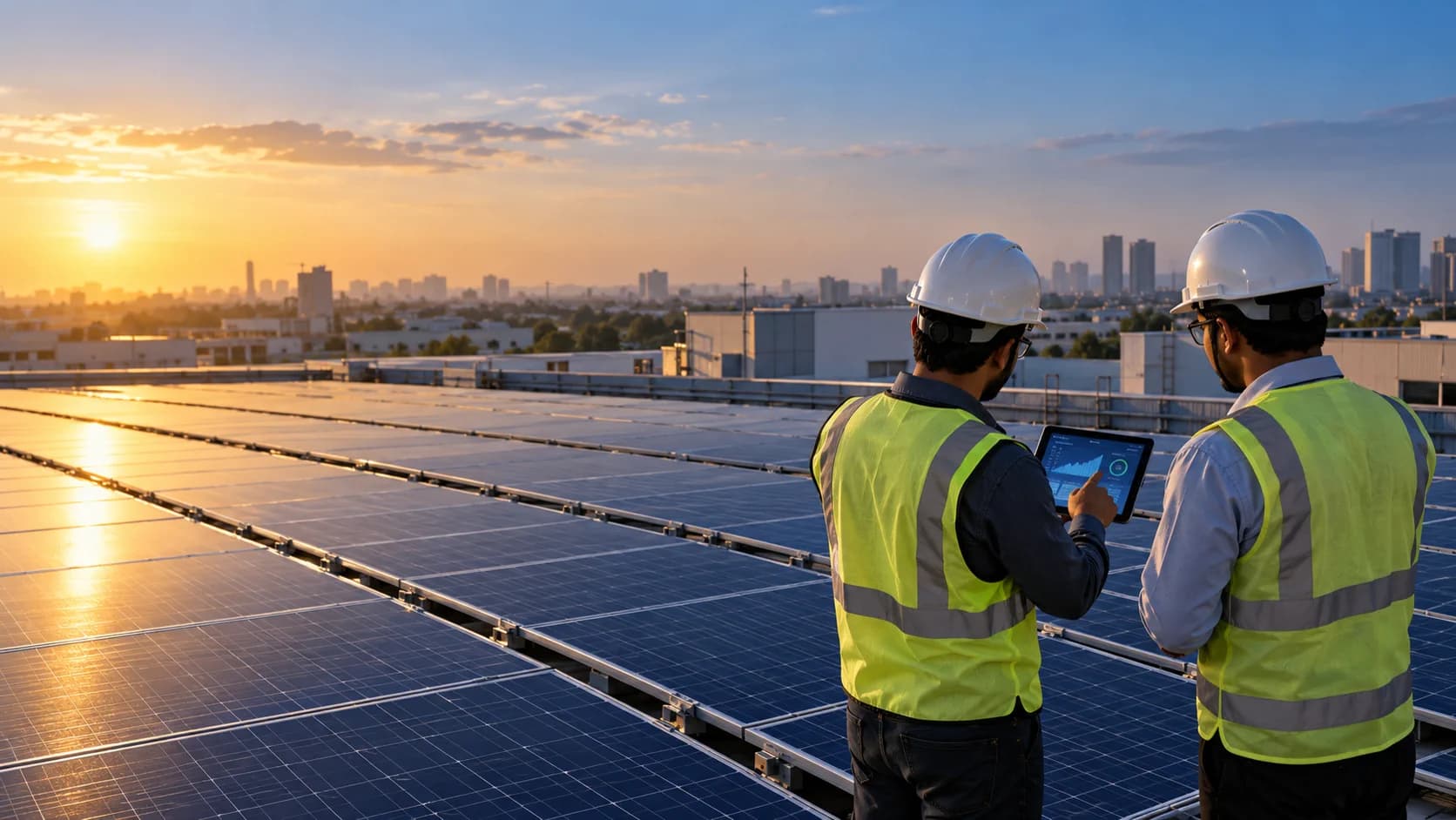 Solar engineers reviewing a commercial rooftop installation using a tablet